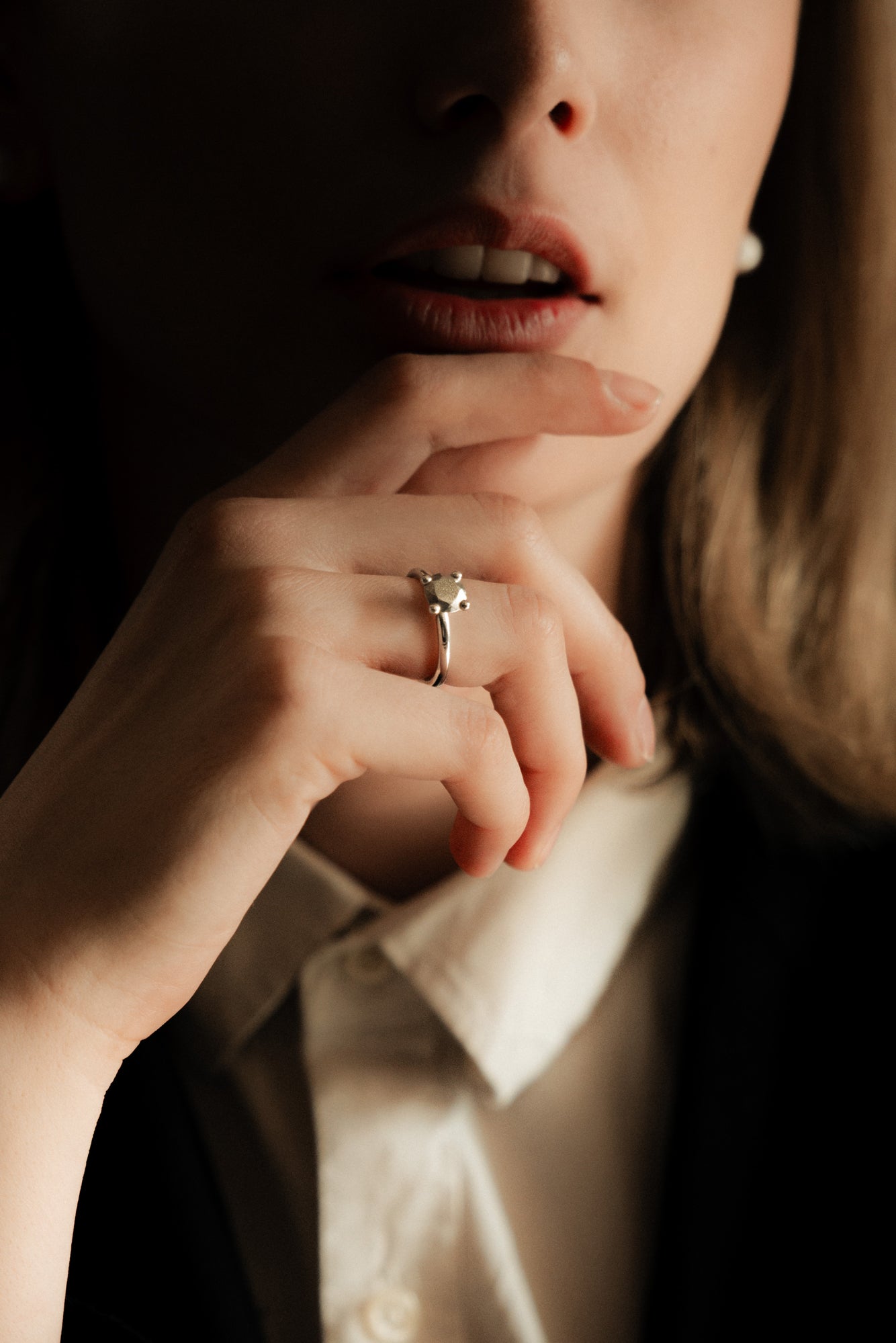 Model wearing the This Is Not a Diamond Ring by OFFFHAND.
